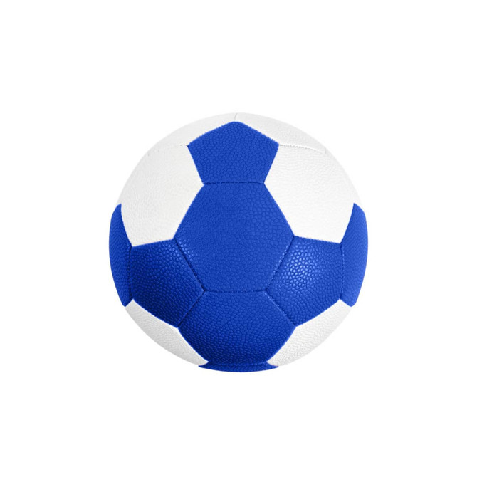 A blue and white machine-stitched PU handball featuring a classic hexagonal pattern and a logo.