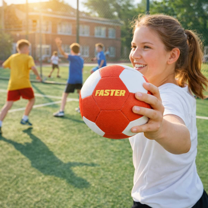 A red and white machine-stitched PU handball held by a girl, with children playing in the background.