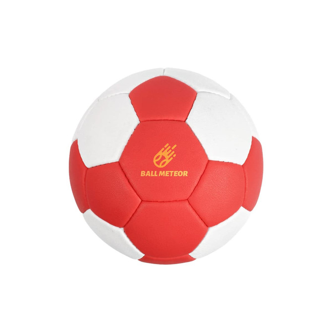 A red and white hand-stitched handball featuring a logo. The ball has a traditional panel design.