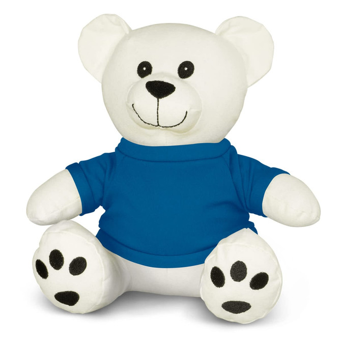 A white plush bear toy with a blue shirt, featuring black eyes and paw prints on its feet.