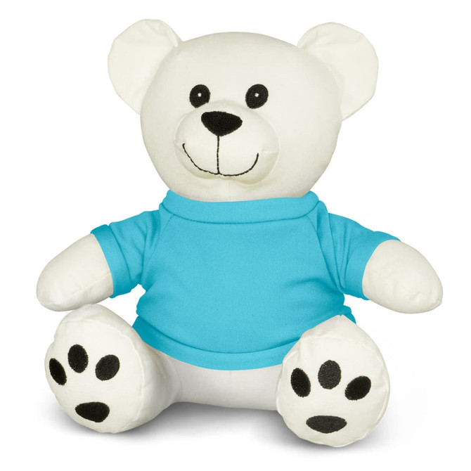 A cotton bear plush toy with a white body and a blue shirt, featuring black paw prints on its feet.