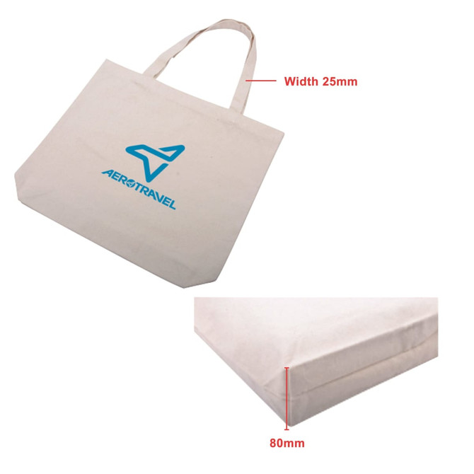 A cotton tote bag in natural colour with blue branding, featuring sturdy handles and a square base.