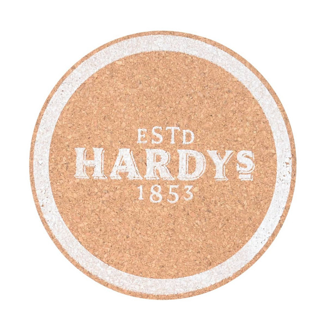 A round eco-friendly cork coaster in natural brown with a white border and brand logo in the centre.