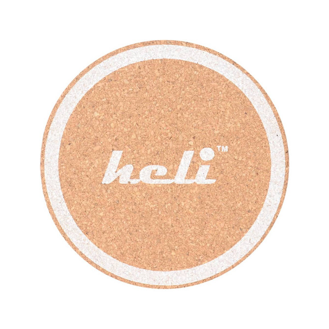 A round, natural cork coaster with a light design and a logo in the centre.