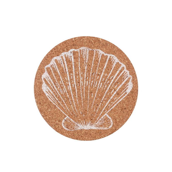 A round cork coaster featuring a white shell illustration on a natural cork background.