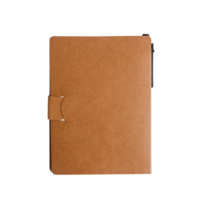 A brown notepad with a ballpoint pen attached, featuring a clasp closure. It has a simple design and includes a logo.