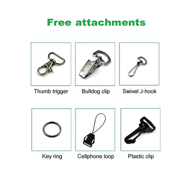 Six various lanyard attachments, including a thumb trigger, bulldog clip, swivel J-hook, key ring, cellphone loop, and plastic clip.