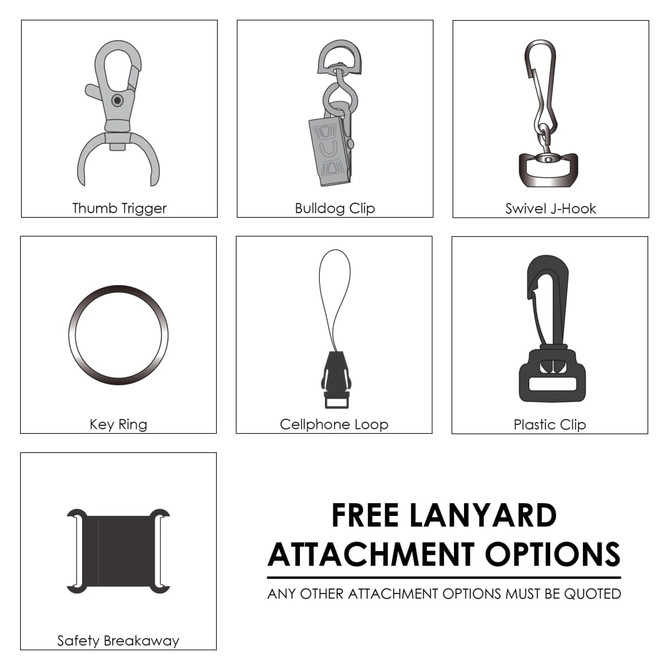 A graphic featuring various lanyard attachment options, including clips, rings, and a safety breakaway.