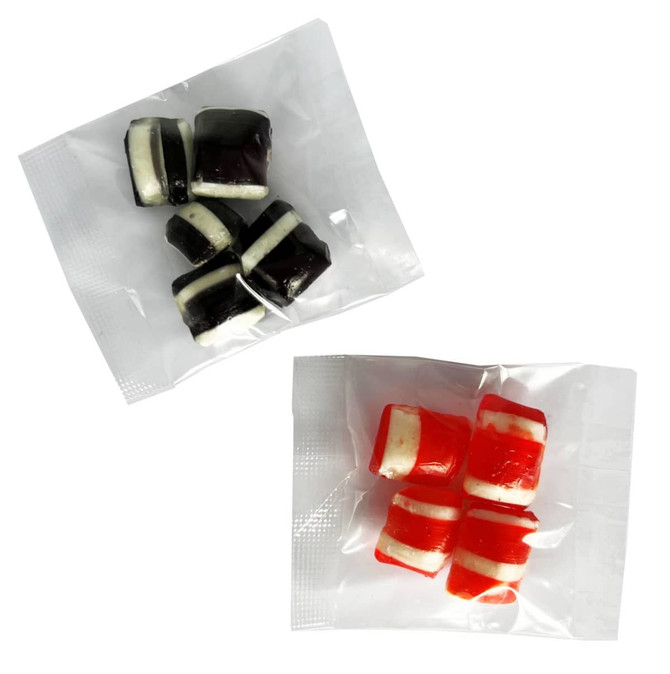 Assorted humbugs in black and white, and red and white, packaged in clear bags. Each bag contains multiple pieces.