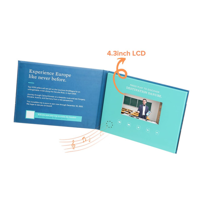 A 4.3-inch LCD video brochure features a blue and teal design, including a play button and sound symbol.