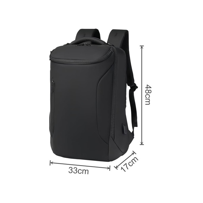 A black waterproof business backpack featuring padded shoulder straps and various compartments, including exterior zippers.