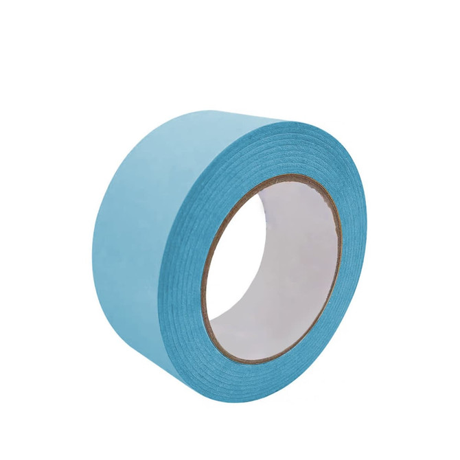 A roll of self-adhesive kraft paper tape in a light blue shade, featuring a circular design with a core.