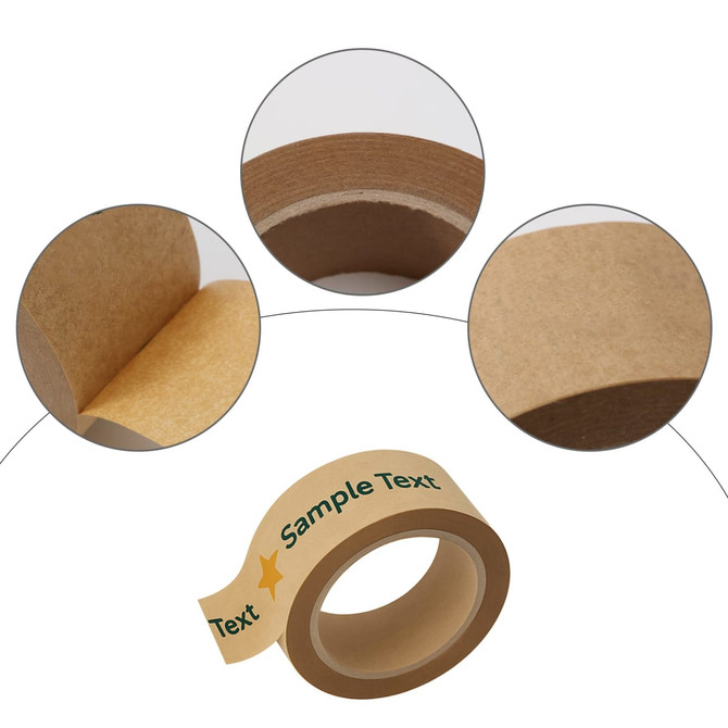 Self-adhesive kraft paper tape in brown, featuring a sticky surface and a circular roll with a logo.