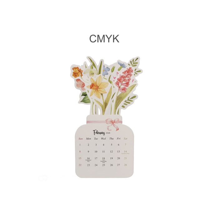 A floral-themed desk calendar featuring a vase design with assorted flowers, predominantly in pastel colours.