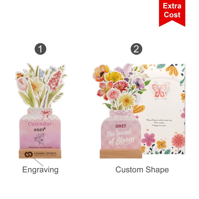 A desk calendar featuring a floral design in vibrant colours, with options for engraving and a custom shape.