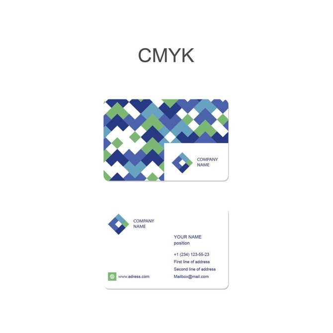 A NFC PVC business card featuring a geometric blue and green pattern, with a logo and contact information layout.