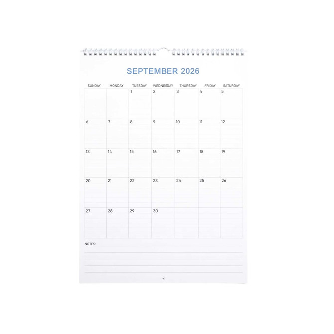 A vertical wall calendar for September 2026, featuring a spiral binding and a clean, white design.