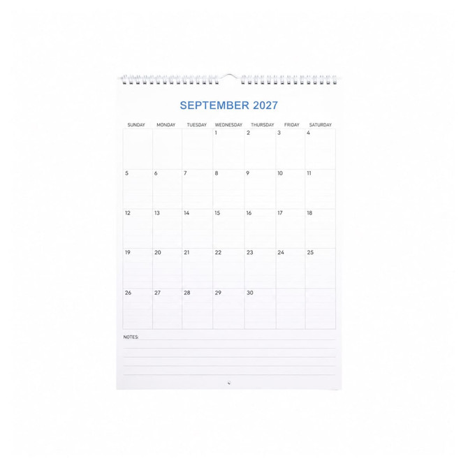 A vertical wall calendar featuring a blank layout for September 2027, with a white background and spiral binding.