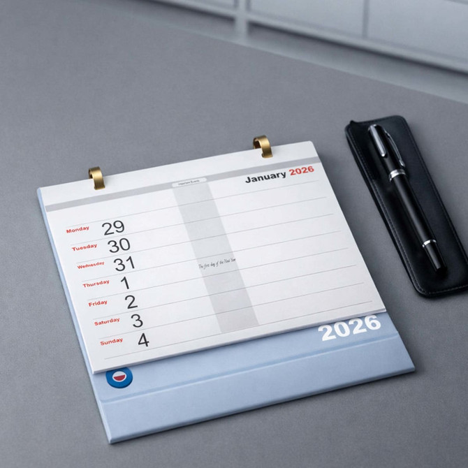 A desk calendar with a white and blue design for January 2026, featuring gold binding and a black pen alongside it.