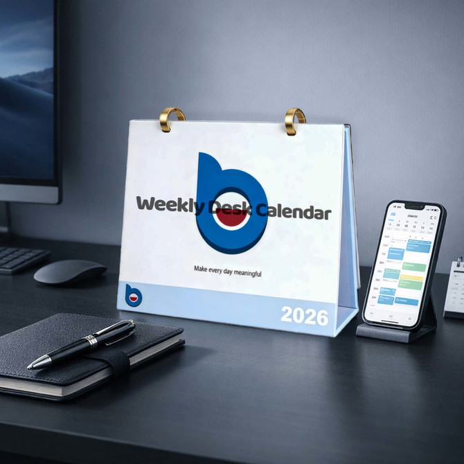 A white desk calendar with gold rings, displaying "Weekly Desk Calendar 2026," beside a smartphone and pen on a desk.
