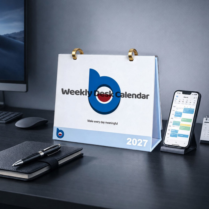 A white desk calendar with a blue logo, displayed on a desk alongside a smartphone and notebook. It features a stand and a modern design.