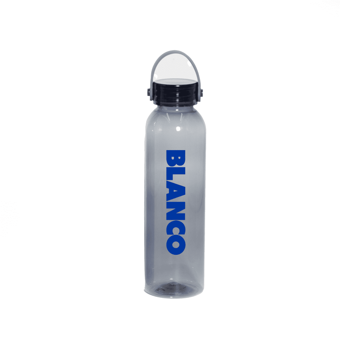 A drink bottle made of clear RPET, featuring a black lid and a prominent blue logo.