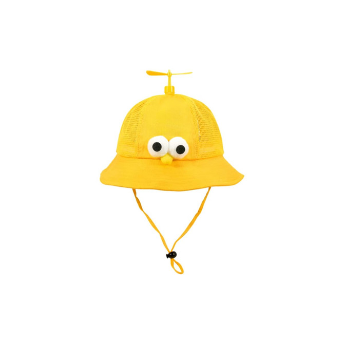 A yellow propeller hat with mesh sides, featuring large googly eyes and a small beak at the front.