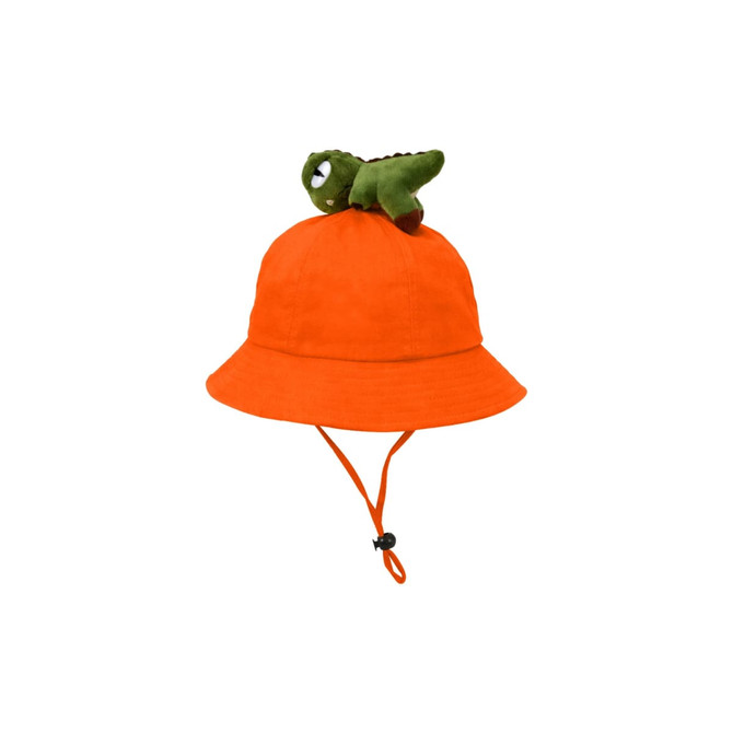 An orange bucket hat featuring a green dinosaur plush on top, with an adjustable chin strap.