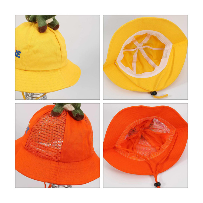 A yellow and orange bucket hat featuring a mesh interior and an adjustable drawstring. Includes a small plush dinosaur on top.