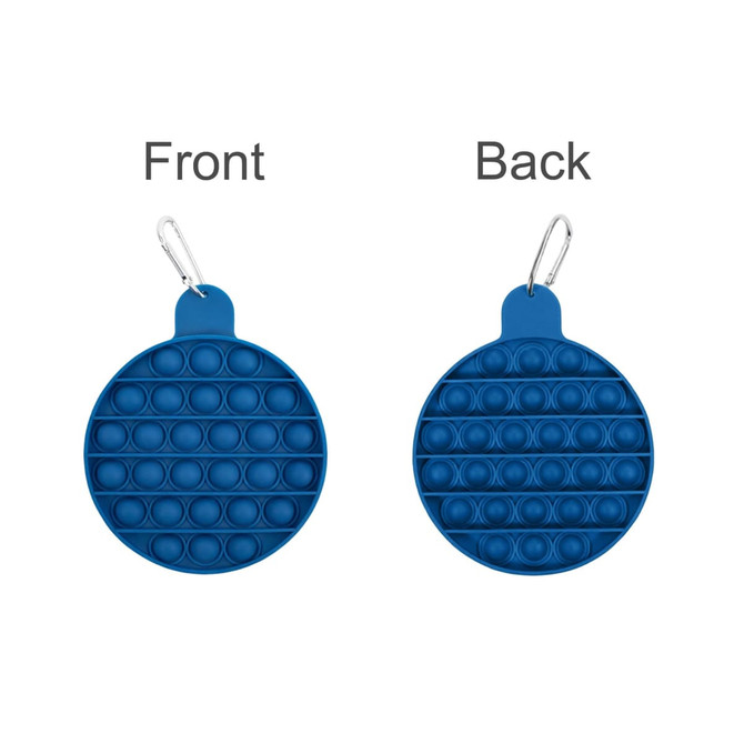 A round blue silicone bubble board featuring push-poppable bubbles on both sides and a clip for attachment.