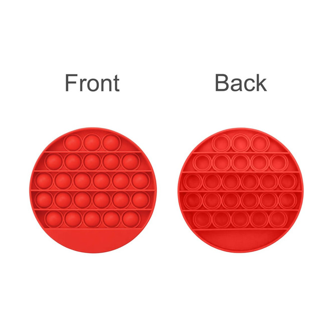 A red circular fidget toy featuring push-pop bubbles on both the front and back sides.
