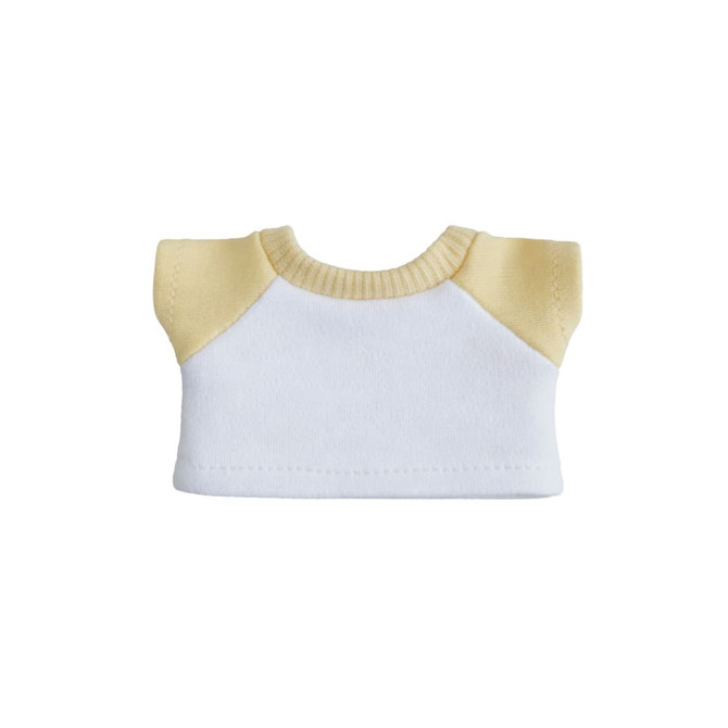 A plush doll raglan T-shirt in white and yellow, featuring short sleeves and a ribbed neckline.
