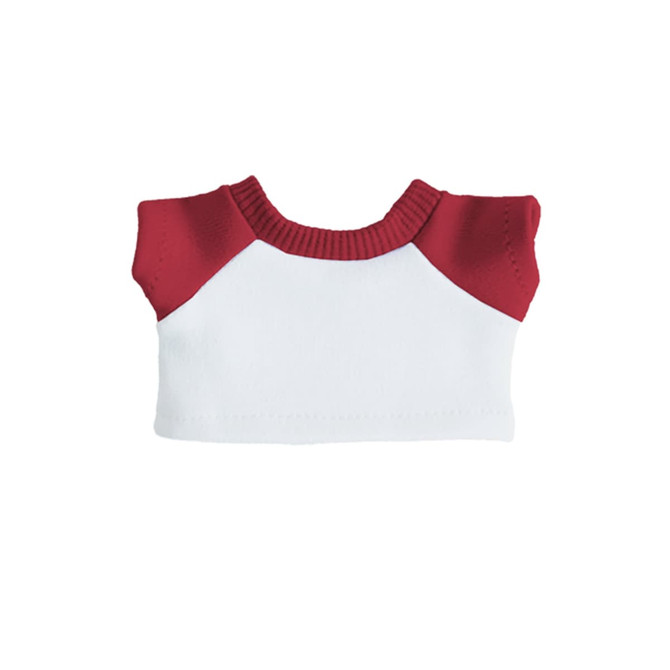 A plush doll raglan t-shirt in white with red sleeves, featuring a ribbed collar. The item has a logo.