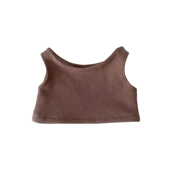 A brown plush doll tank top featuring a simple sleeveless design and sewn edges. It also has a logo.