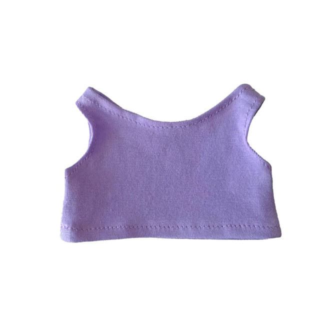 A purple tank top for a plush doll, featuring a simple sleeveless design. It has stitching along the edges.