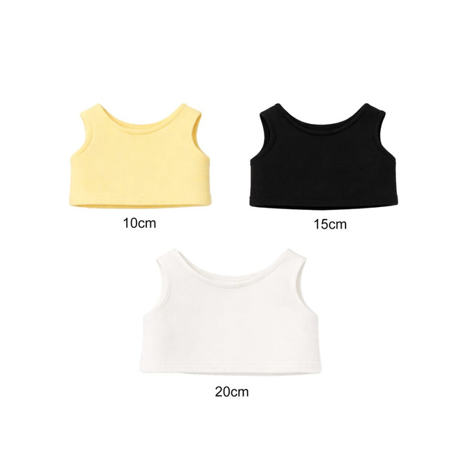 A set of three basic tank tops in yellow, black, and white, displayed in varying sizes with labels underneath.