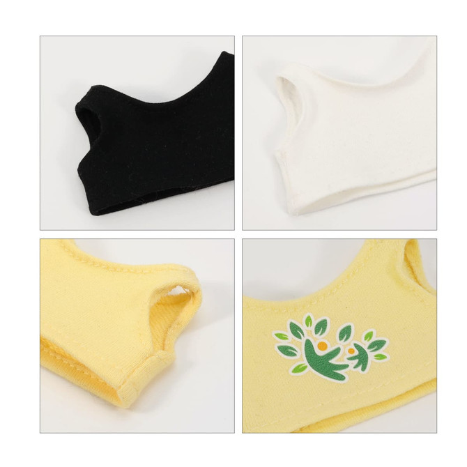 Four plush doll tank tops in black, white, yellow, and a yellow one with a graphic design. Each top has a sleeveless design.