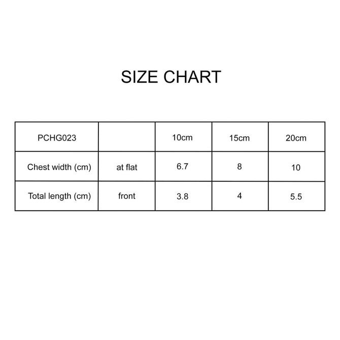 A size chart displaying measurements for a plush doll tank top in centimetres. Includes chest width and total length.