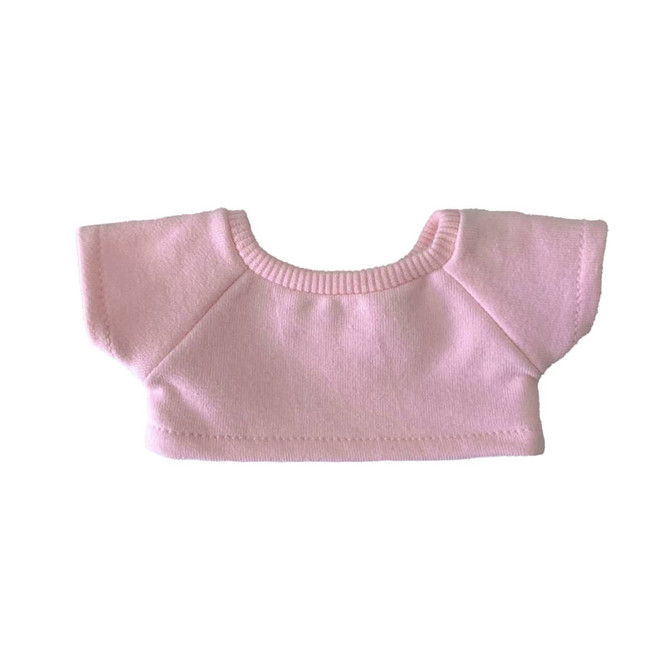 A pink basic T-shirt for plush dolls, featuring short sleeves and a ribbed neckline.