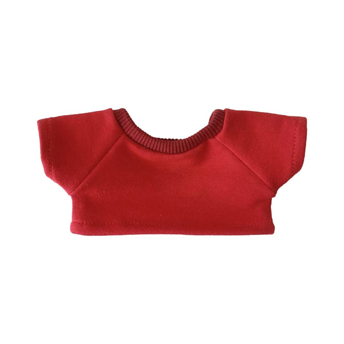 A red basic t-shirt designed for plush dolls, featuring a round neck and short sleeves.