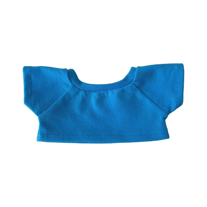 A bright blue basic t-shirt designed for plush dolls, featuring short sleeves and a rounded neckline.