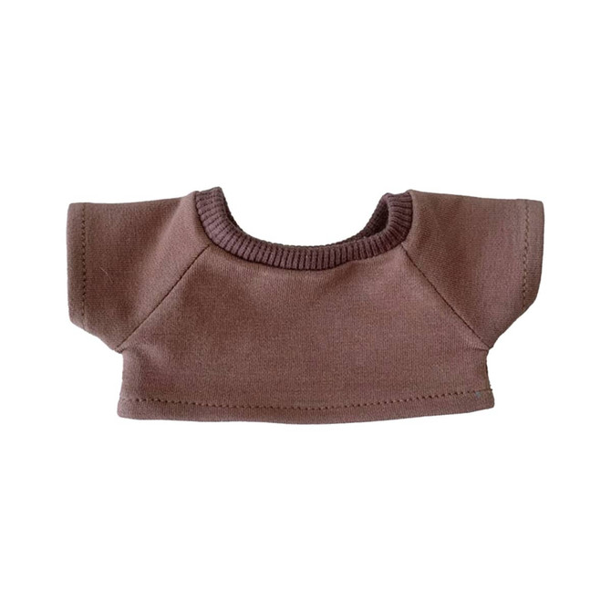 A brown plush doll t-shirt featuring a rounded neckline and short sleeves, with a ribbed trim.