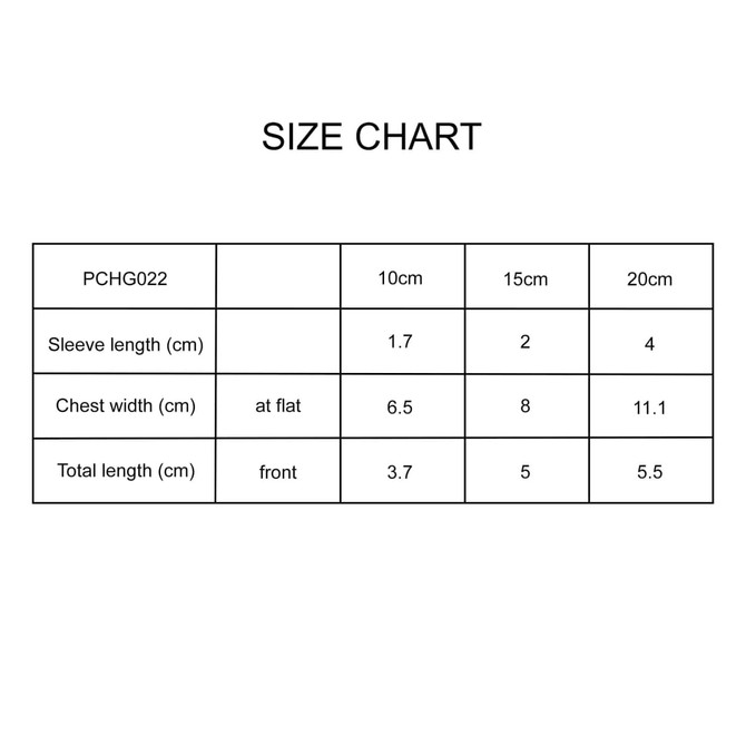 A size chart listing measurements for a plush doll basic T-shirt in various sizes. Features a clear table format.