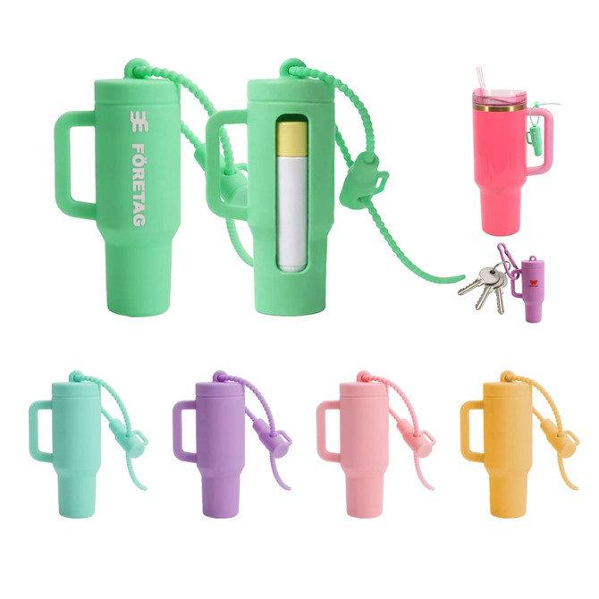 A collection of lip balm holder keychains in mint green, pink, purple, and yellow, each with a keyring attachment.