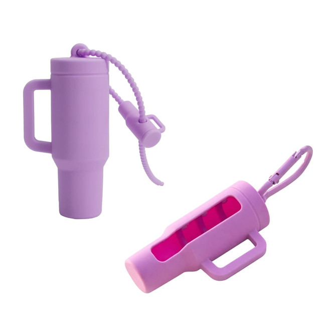 A purple lip balm holder keychain with a handle and a tether, featuring a clear window to display the balm inside.