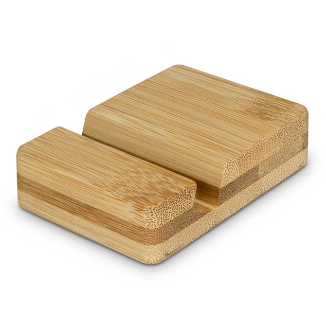 A bamboo phone stand with a smooth finish, featuring a minimalist design and natural wood tones. It has a small cutout for stability.
