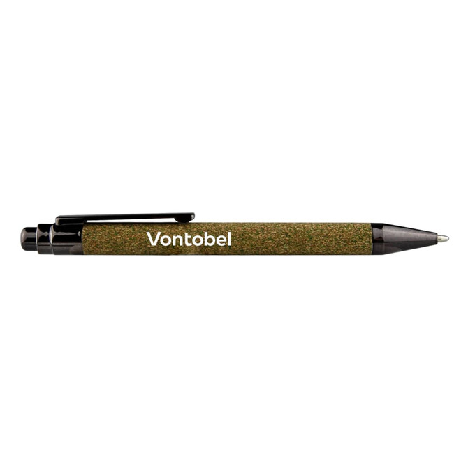 A green pen with a textured barrel and a black clip, featuring a logo.