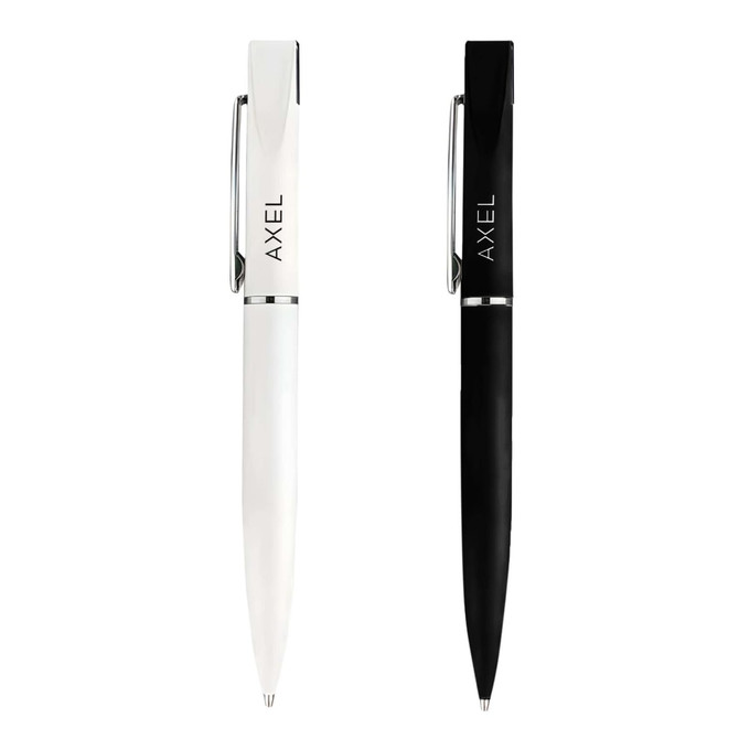 A set of two pens in white and black, each featuring a silver clip and branding on the barrel.