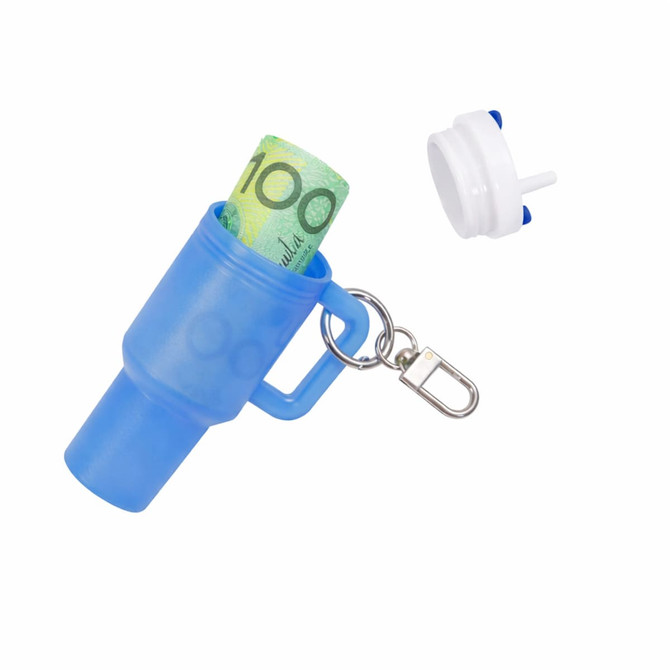 A blue glow in the dark mini tumbler keyring holds a rolled hundred-dollar note, featuring a keyring attachment and cap.