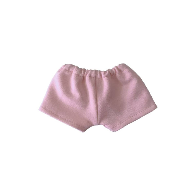 A pair of pink plush doll shorts with an elastic waistband and a soft texture.